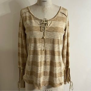 We The Free Brown Horizontal Stripe Long Sleeve Pullover Top